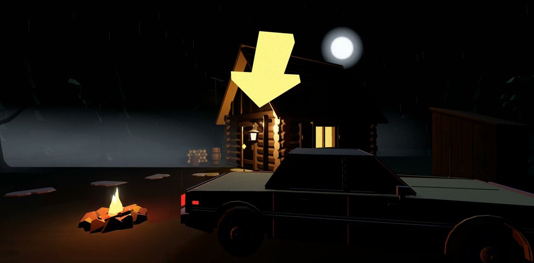 The cabin at night — Sam's view on arrival, car dead by the fire