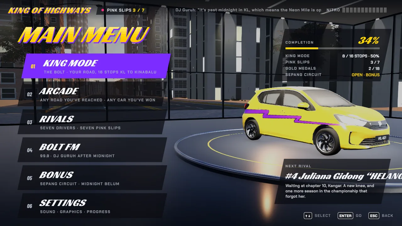The main menu with the COMPLETION card: 34%, eight of sixteen stops, three pink slips, two golds, the Sepang Circuit open